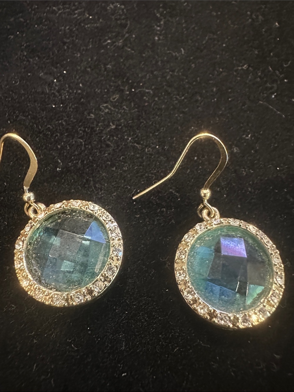 Goldtone Blue‑Green Crystal Drop Earrings – Pave Rim, 0.75" Round